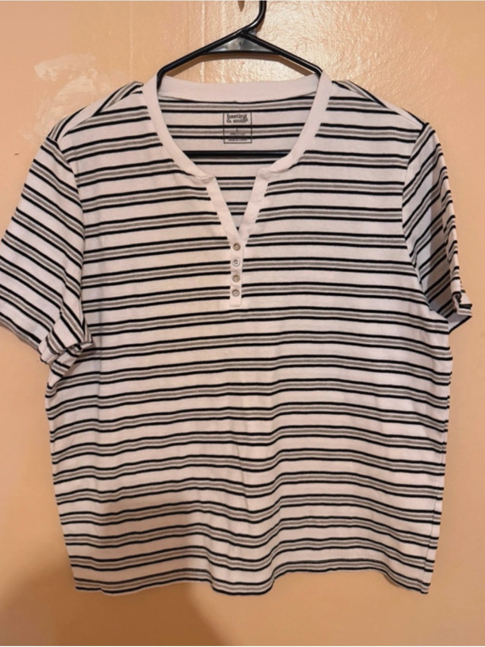 Women Striped Henley Tee - Black & White